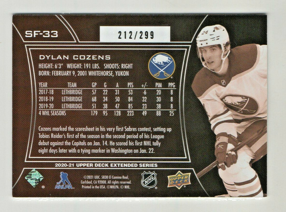 2020-21 Upper Deck SPx Finite Radiance #SF33 Dylan Cozens Buffalo Sabres 212/299