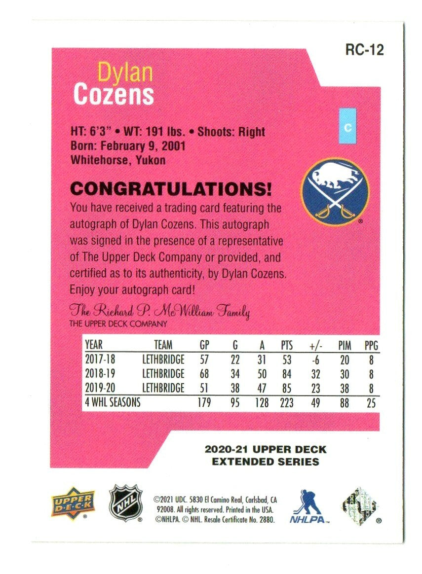 Upper Deck 2020-21 EXTENDED - Rookie Class -  Pink Auto -  Dylan Cozens #RC-12