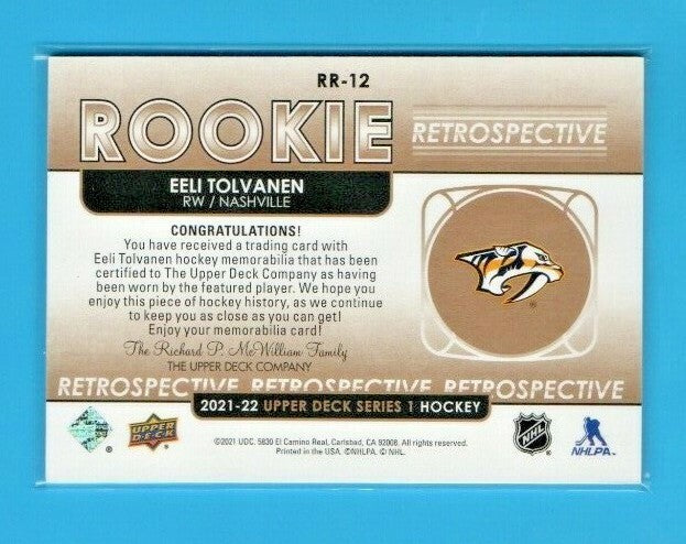 Eeli Tolvanen 2021-22 UD Series 1 RR-12 Rookie Retrospective  Jersey Black Patch