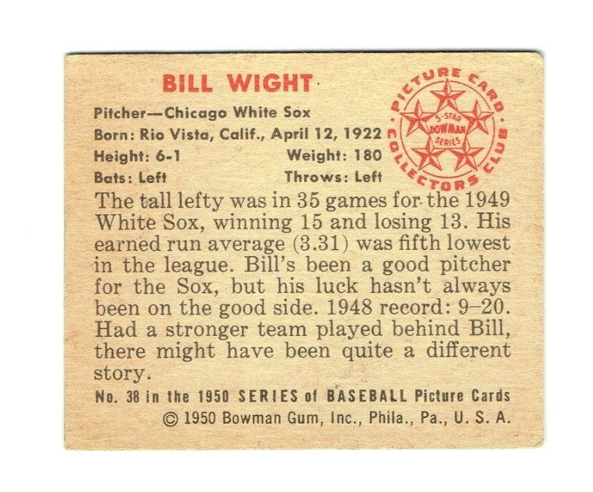 1950 Bowman Baseball Bill Wight Boston Red Sox #38