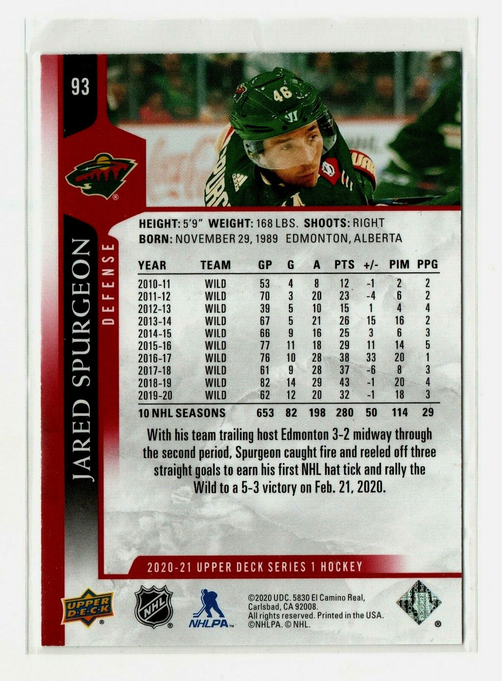  2020-21 UPPER DECK SERIES ONE JARED SPURGEON UD EXCLUSIVES GOLD #064/100