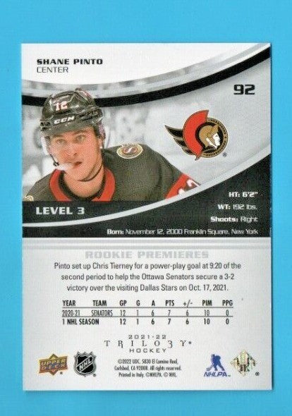 Shane Pinto 2021-22 UD Extended Trilogy Level 3   #92 Rookie Premieres  121/299