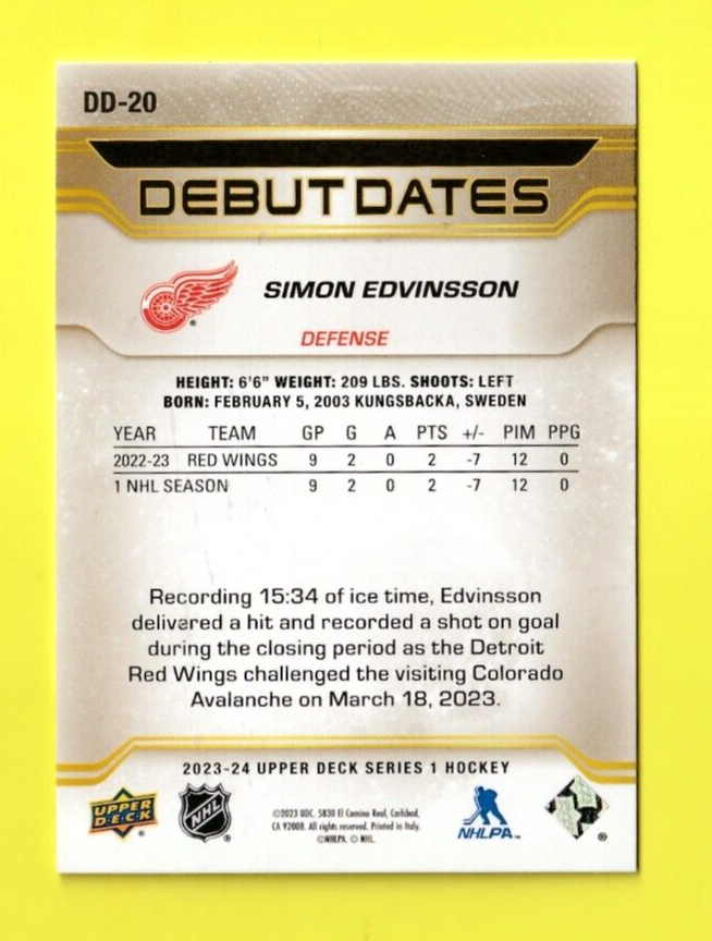 2023-24 Upper Deck Series 1  Simon Edvinsson   GOLD  Debut Dates # DD-20 Detroit