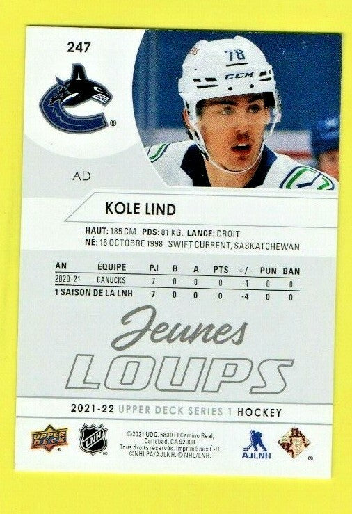 2021-22 Upper Deck - Kole Lind - Young Guns - French - Jeunes Loups - Canucks