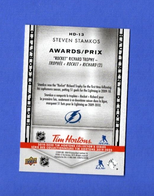 Steven Stamkos 2019-20 Upper Deck Tim Hortons Hockey Card Highly Decorated HD-13