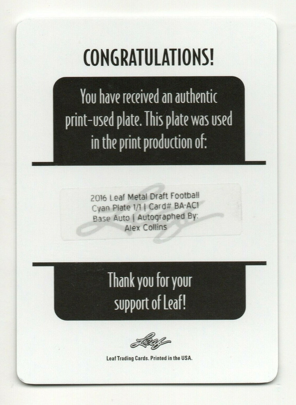 2016 Leaf Metal Draft Cyan Plate Alex Collins ROOKIE RC AUTO 1/1 #BA-AC1
