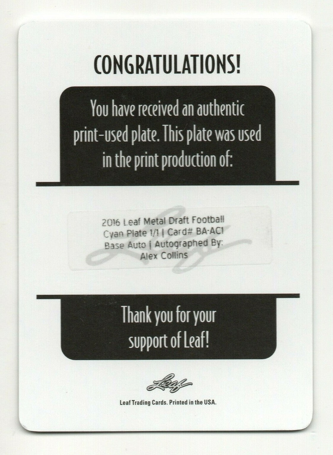 2016 Leaf Metal Draft Cyan Plate Alex Collins ROOKIE RC AUTO 1/1 #BA-AC1