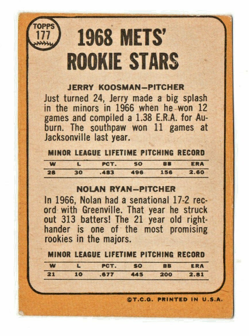 1968 TOPPS #177 NOLAN RYAN/JERRY KOOSMAN VG+ (RC) METS HOF 