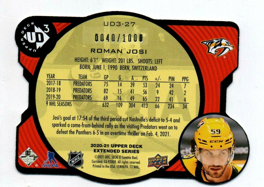 2020-21 UD Extended Series UD3-27 - Roman Josi - Nashville Predators  0040/1000 