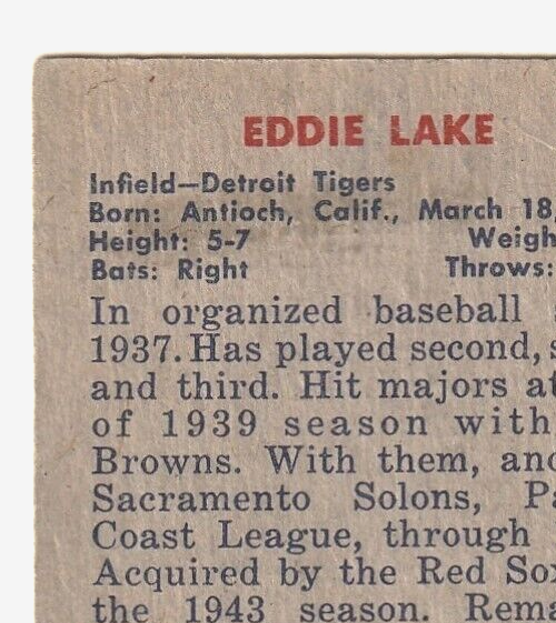 1951 Bowman  -  Eddy Lake   -  Detroit Tigers #140   G-VG.