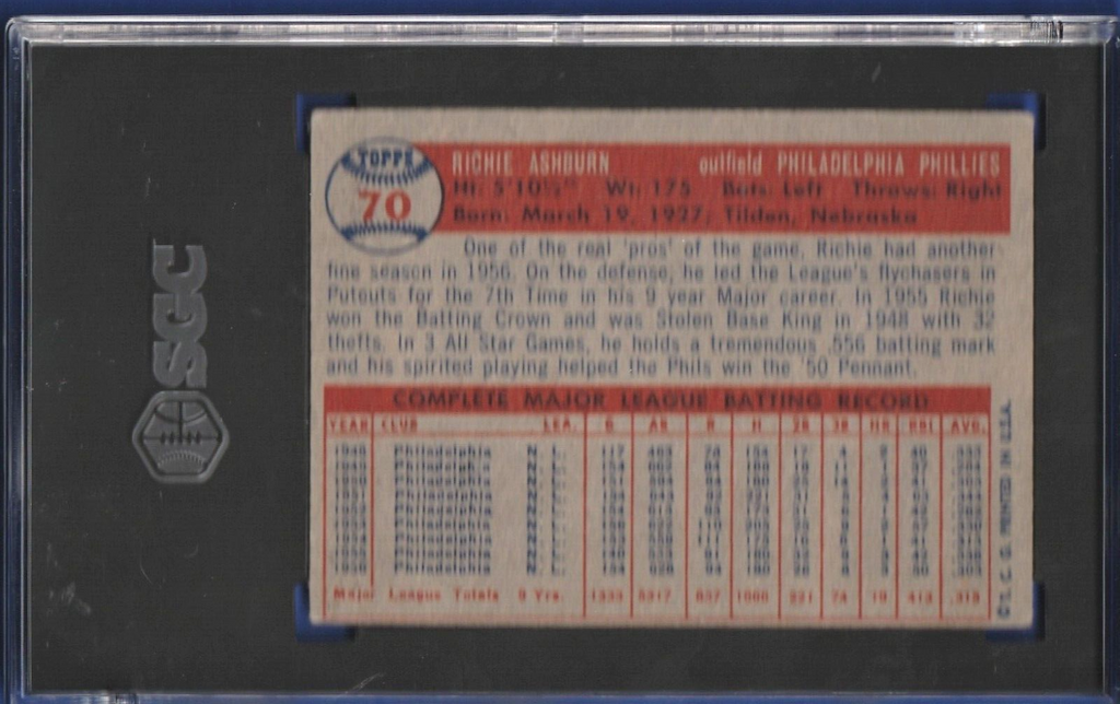 1957 Topps #70    -    Richie Ashburn    -   Philadelphia Phillies - SGC 4 VG-EX