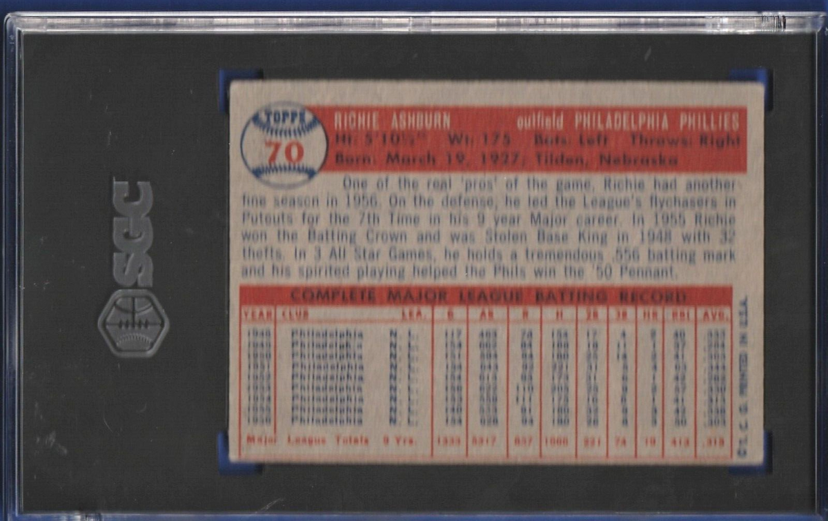 1957 Topps #70    -    Richie Ashburn    -   Philadelphia Phillies - SGC 4 VG-EX