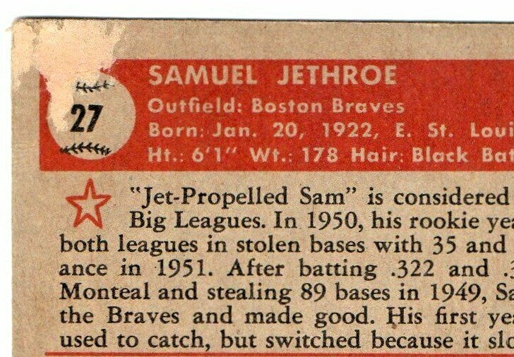1952 Topps Set Break # 27 Sam Jethroe LOW GRADE (filler)(red back) Boston Braves