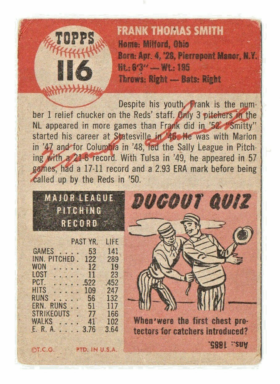  1953 Topps Set Break # 116 Frank Smith - Cincinnati Reds Pitcher
