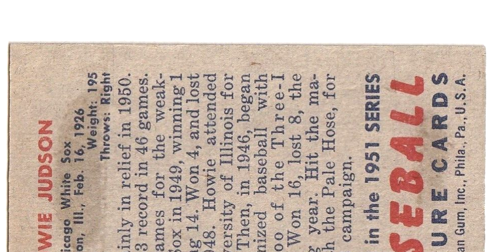 1951 Bowman  -  Howie Judson   -  Chicago White Sox #123   EX-NRMT