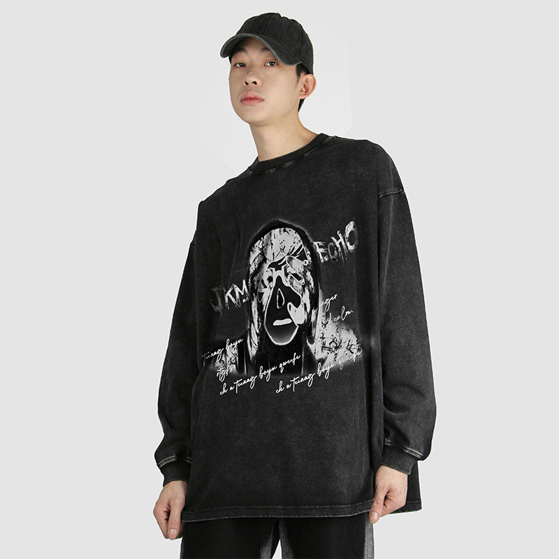 American Retro Dark Printed Vintage Washed Oversize Trendy Street Men's and Women's Round Neck Sweaters