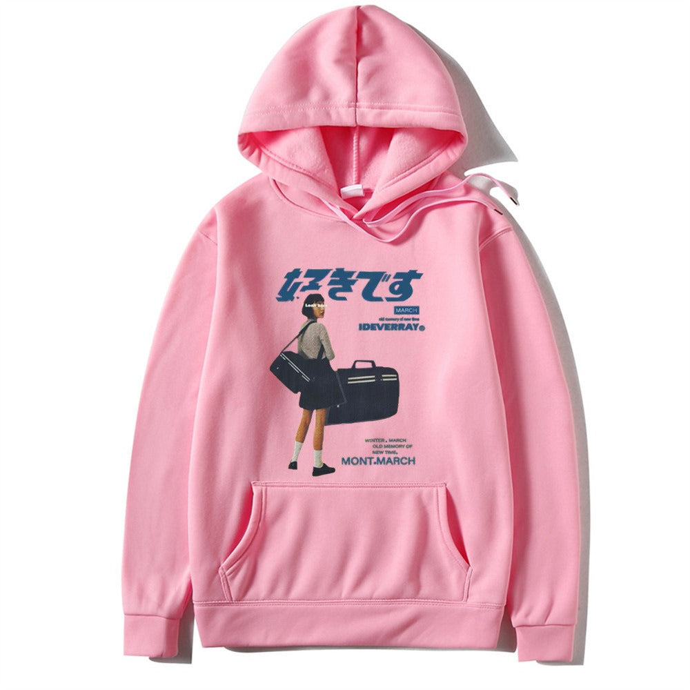 Japanese character printed casual hoodie for men and women, loose couple hooded hoodie