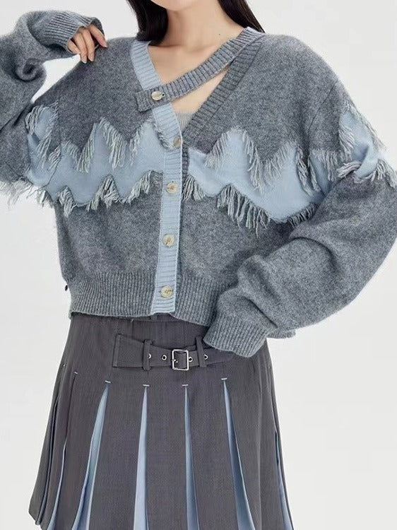 Patchwork Tassel Knitting Sweaters For Women V Neck Long Sleeve Hit Color Casual Loose Sweater Female Fashion