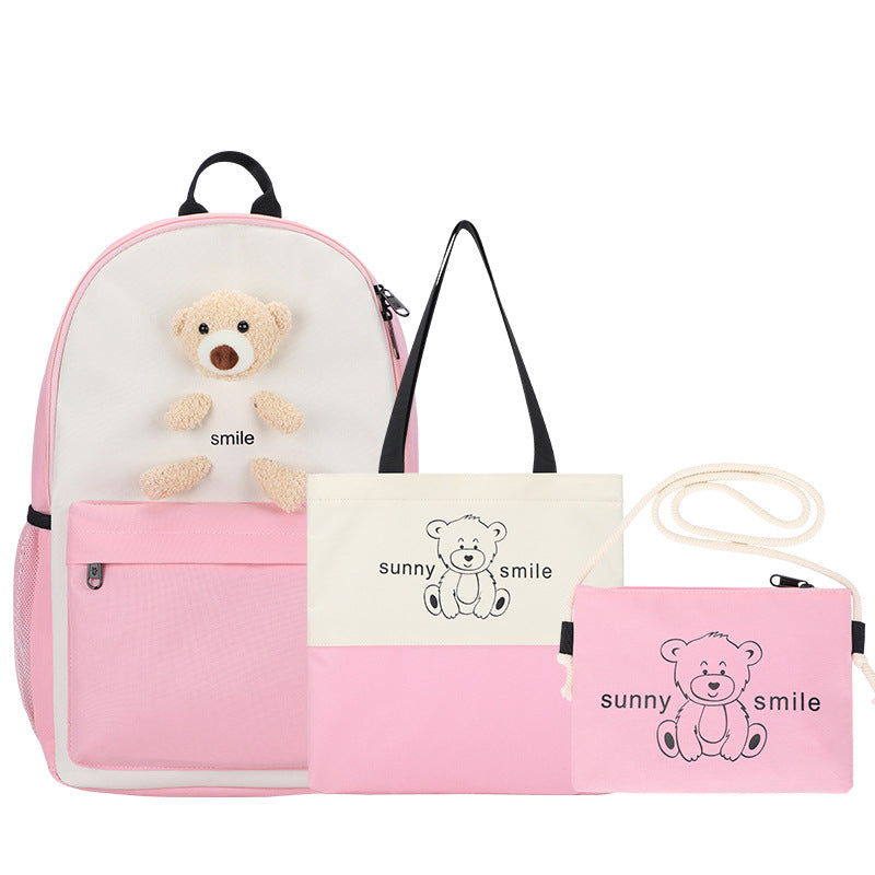 College style backpack bear backpack Girls high school student schoolbag three piece set