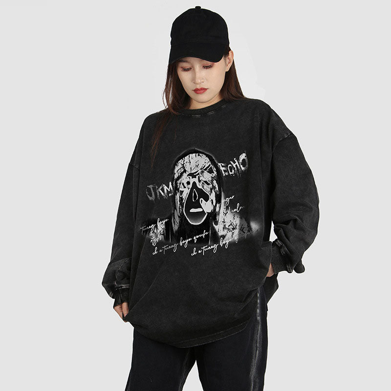 American Retro Dark Printed Vintage Washed Oversize Trendy Street Men's and Women's Round Neck Sweaters