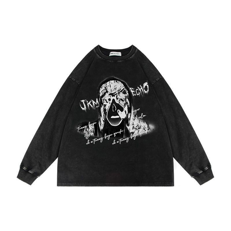 American Retro Dark Printed Vintage Washed Oversize Trendy Street Men's and Women's Round Neck Sweaters