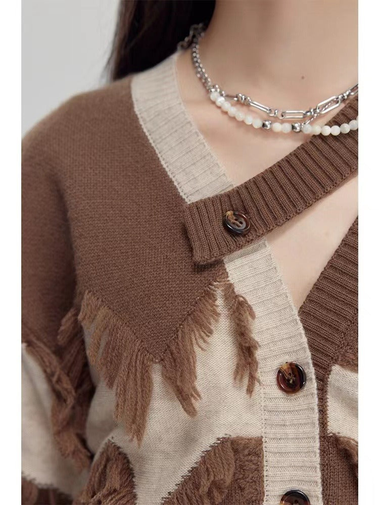 Patchwork Tassel Knitting Sweaters For Women V Neck Long Sleeve Hit Color Casual Loose Sweater Female Fashion
