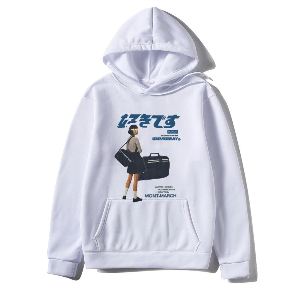 Japanese character printed casual hoodie for men and women, loose couple hooded hoodie