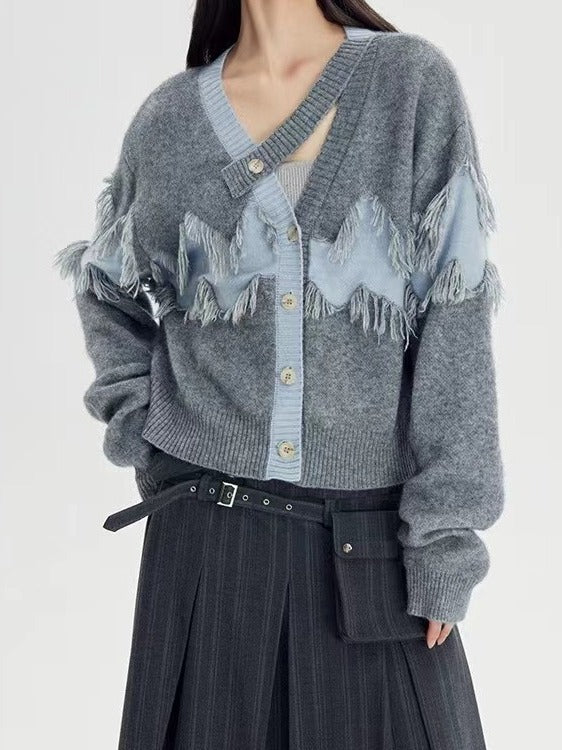 Patchwork Tassel Knitting Sweaters For Women V Neck Long Sleeve Hit Color Casual Loose Sweater Female Fashion