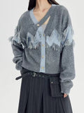 Patchwork Tassel Knitting Sweaters For Women V Neck Long Sleeve Hit Color Casual Loose Sweater Female Fashion